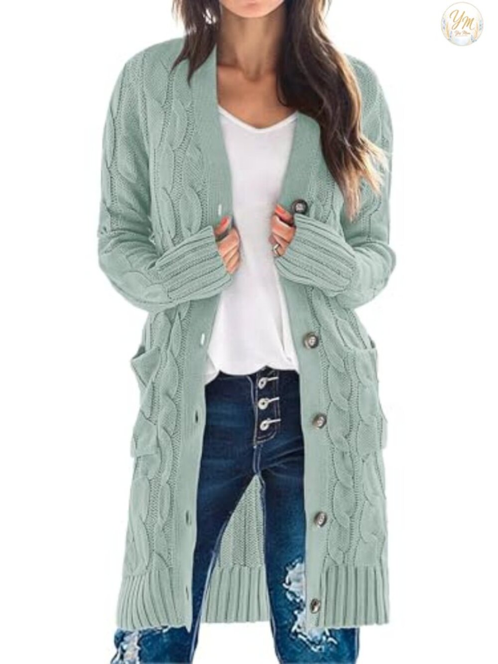 Cable Knit Button Front Long Cardigan Sweater with Pockets